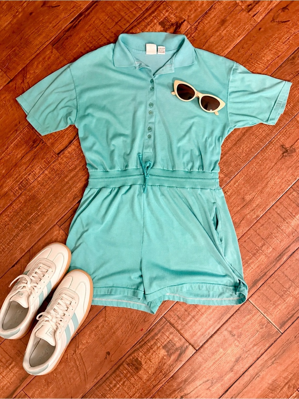 Vintage 80s 90s Aqua Polo Romper Drawstring Waist Tennis Resort M